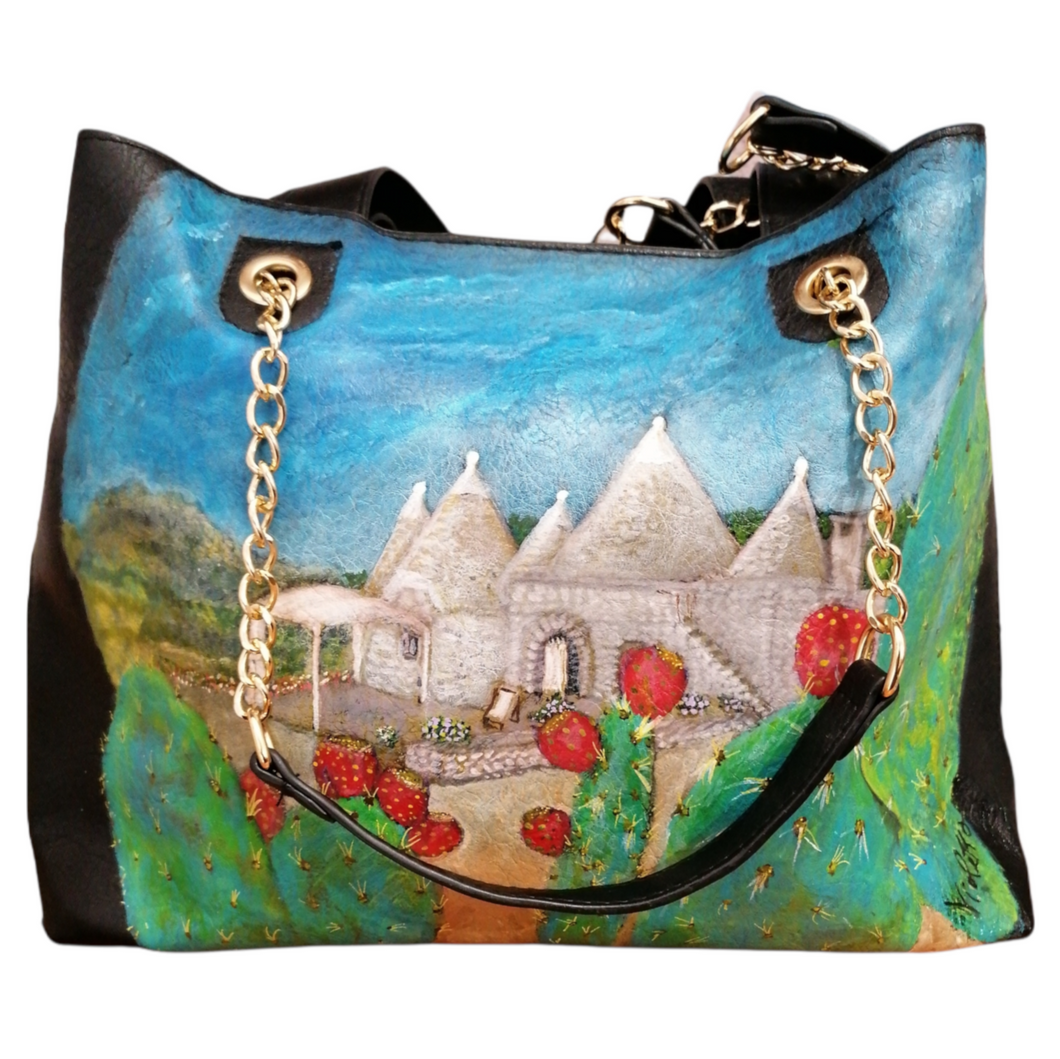 Bag painted with Puglia trulli landscape
